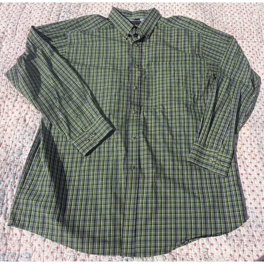 Ariat Pro Series Mens XL Long Sleeve Plaid Button Down Shirt Green Black White